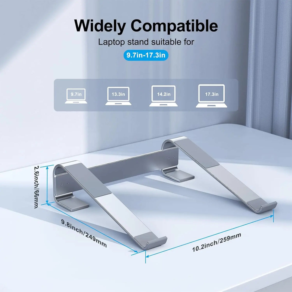 Aluminum laptop cooling stand riser with multi-angle adjustment to reduce neck and back strain.