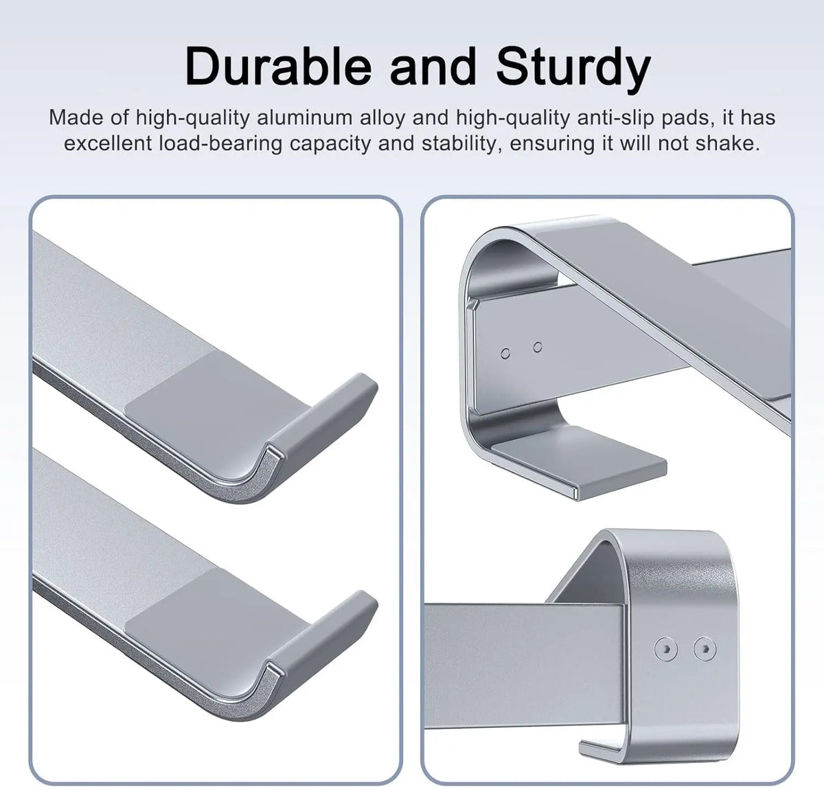 Aluminum laptop cooling stand riser with sturdy dual hinges for stable support without shaking.