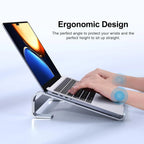 Aluminum laptop cooling stand riser with ergonomic posture alignment for comfortable long-hour typing.