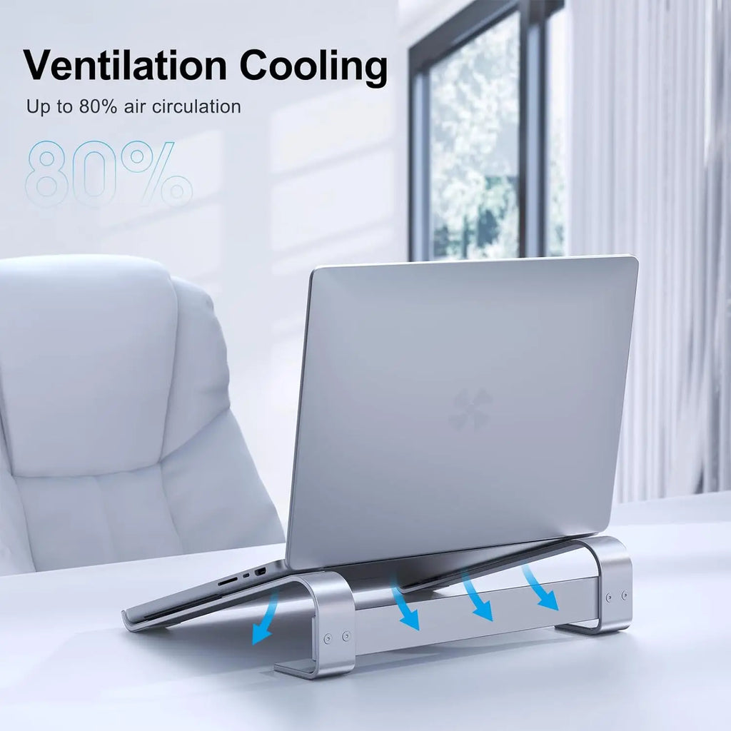 Aluminum laptop cooling stand riser with ventilated hollow panel to maximize airflow and prevent overheating.