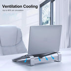 Aluminum laptop cooling stand riser with ventilated hollow panel to maximize airflow and prevent overheating.