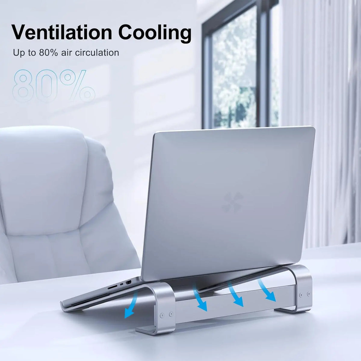 Aluminum laptop cooling stand riser with ventilated hollow panel to maximize airflow and prevent overheating.