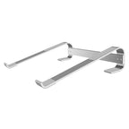 Aluminum laptop cooling stand riser in silver finish with non-slip silicone pads for maximum device safety.