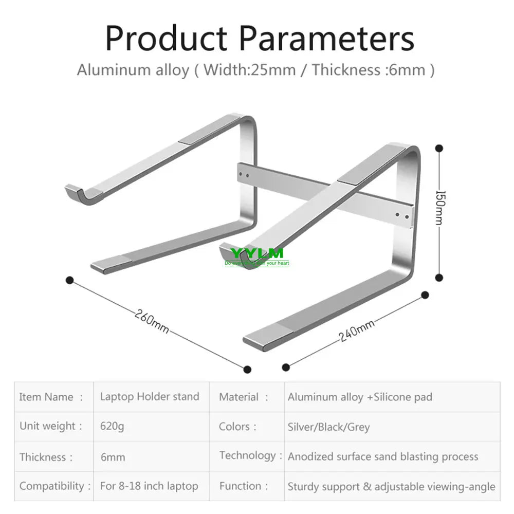 Product parameters and dimensions chart of aluminum laptop stand