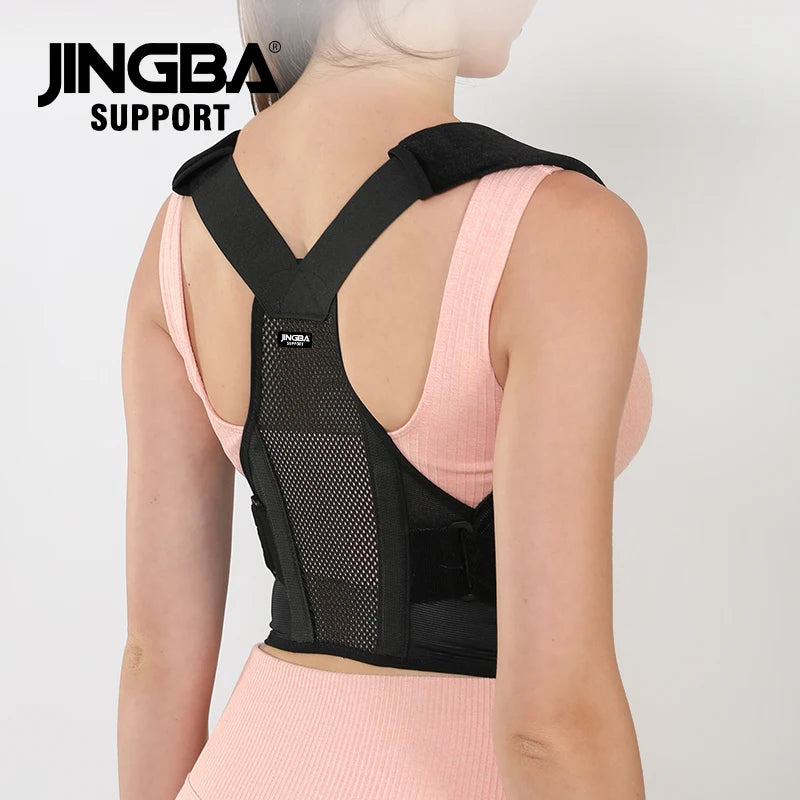 black back brace posture corrector worn on upper back to pull shoulders back and prevent slouching
