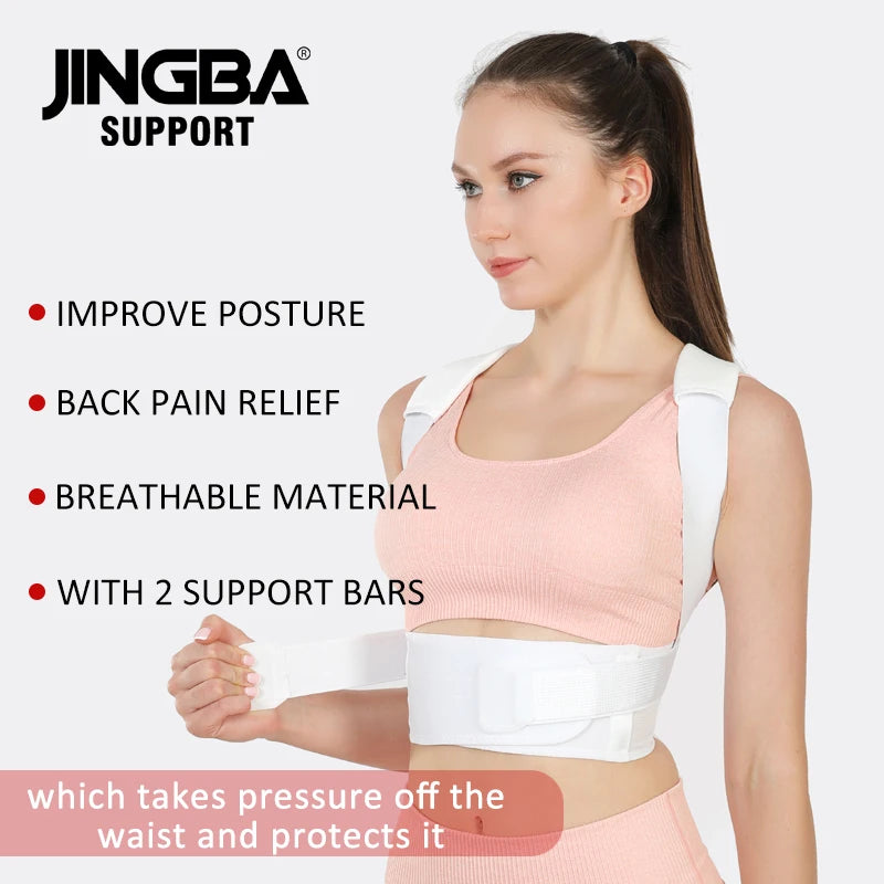 pink back brace posture corrector diagram highlighting upper spine support and shoulder adjustment features
