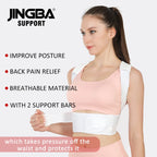 pink back brace posture corrector diagram highlighting upper spine support and shoulder adjustment features