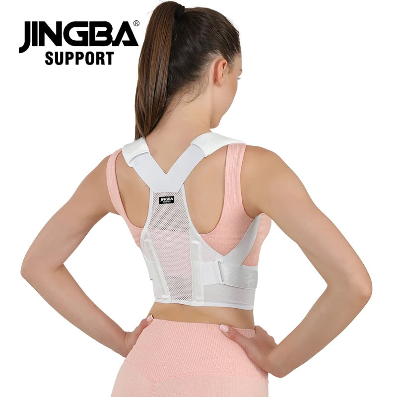 front and back view of pink back brace posture corrector showing waist closure and upper back support