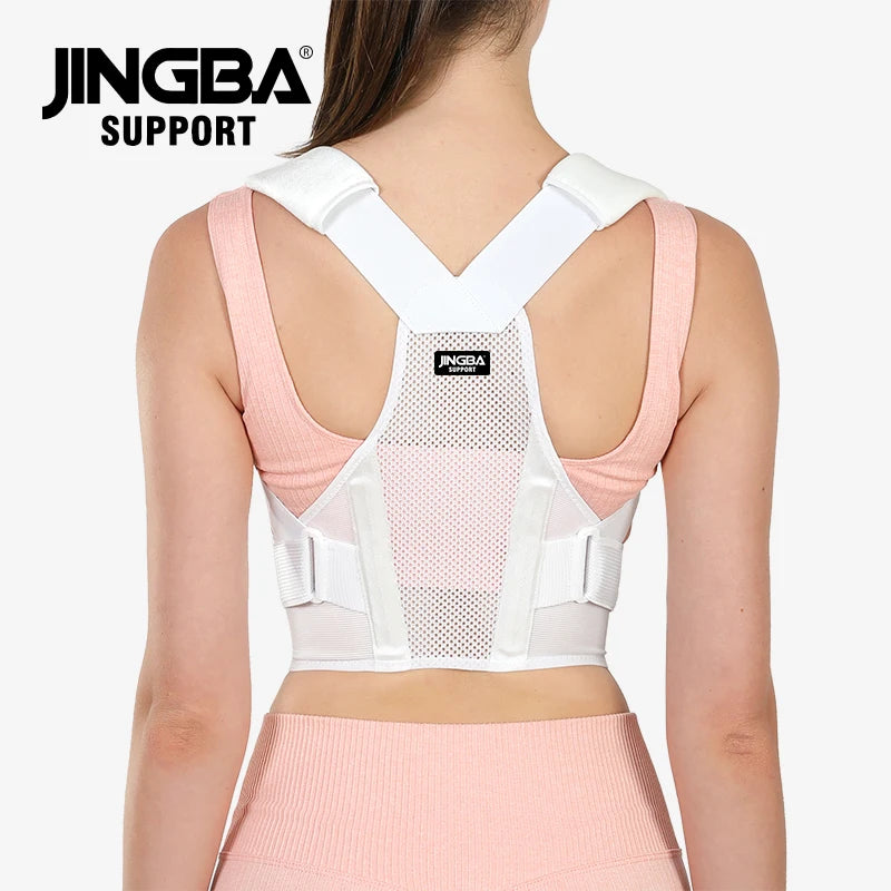 back brace posture corrector in pink worn by woman showing upper spine support straps and back view