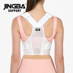 back brace posture corrector in pink worn by woman showing upper spine support straps and back view