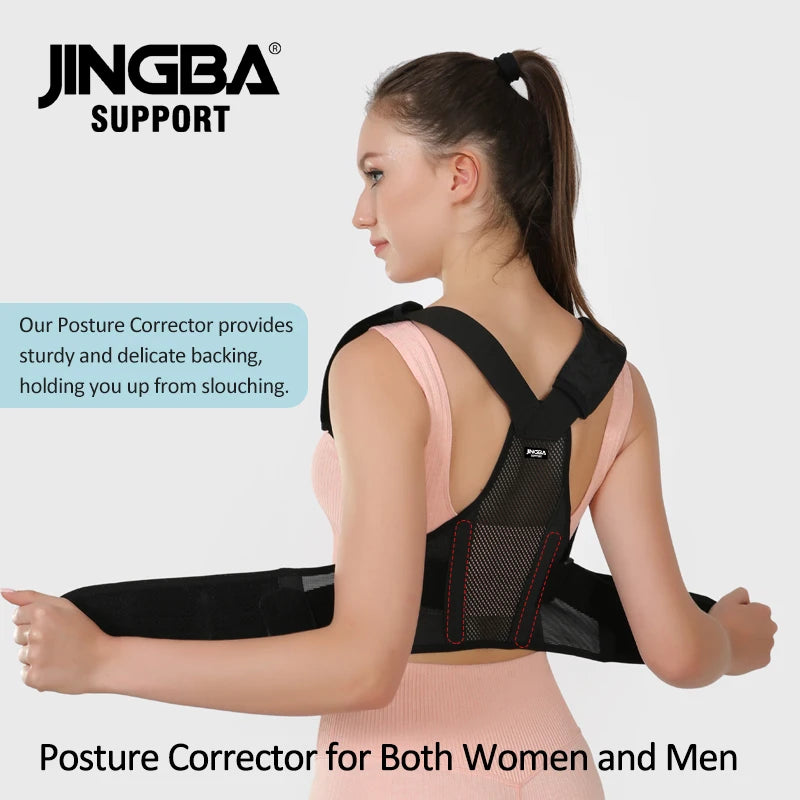 side profile of woman wearing pink back brace posture corrector for improved posture and back pain relief