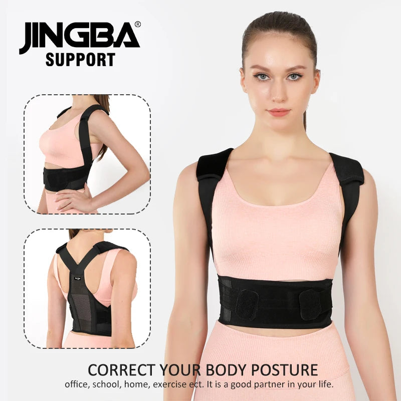 back brace posture corrector usage guide showing black and pink models for men and women posture support