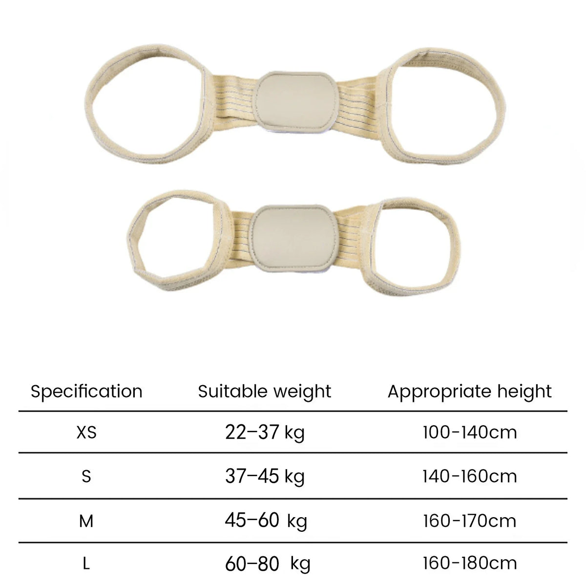 back posture corrector size chart guide showing weight measurements for optimal clavicle brace fit
