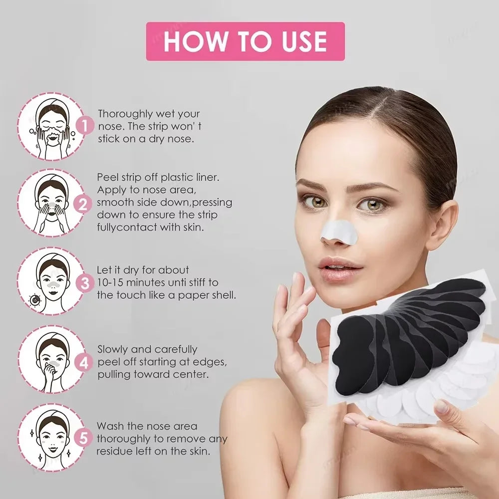 Bamboo Charcoal Blackhead Remover Strip step-by-step application process for effective blackhead extraction
