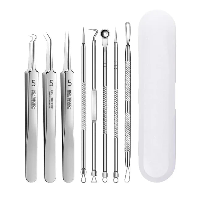 blackhead clip tweezers set inside metal storage box for extracting blackhead from nose deep pore cleaning