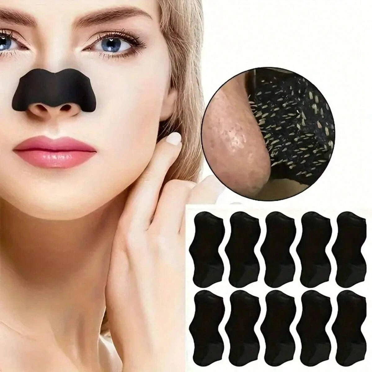 Blackhead Nose Patch applied on female face with strip set display for clearing congested pores