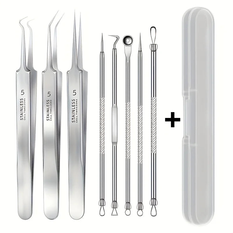 blackhead remover tweezers set with metal storage case for clean nose pore extraction and travel hygiene