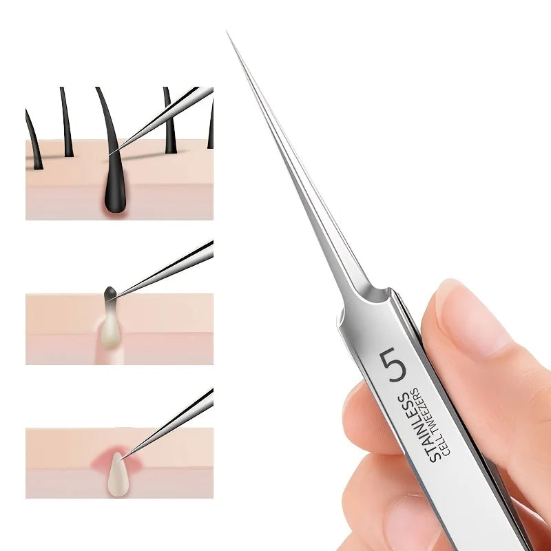 Blackhead tweezers curved precision tip close up for targeted blemish removal and skin care.