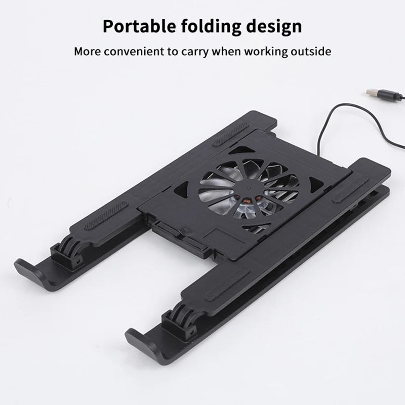 Compact laptop cooling pad stand folded flat for easy travel and storage