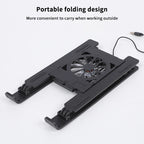 Compact laptop cooling pad stand folded flat for easy travel and storage