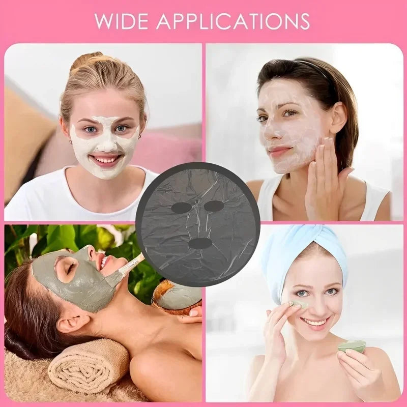 models using disposable plastic face mask wrap for deep facial skincare hydration and serum lock