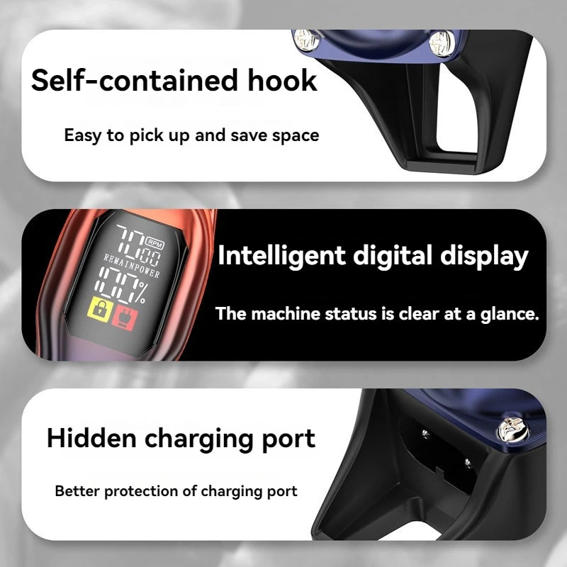 electric hair trimmer feature diagram highlighting usb charging port and stainless steel blade head
