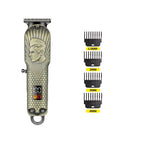 electric hair trimmer in vintage gold dragon design standing with limit comb attachments for hair styling
