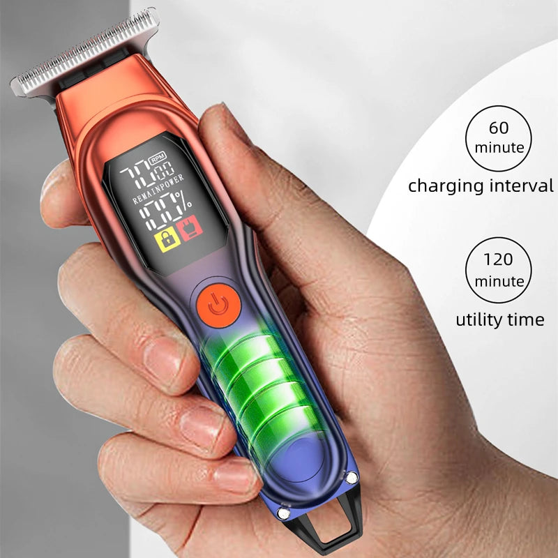 electric hair trimmer held in hand showing led battery screen for precision haircutting and beard grooming