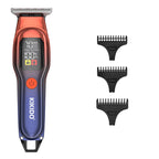 electric hair trimmer in red and blue metallic finish with three guide comb attachments for home haircuts