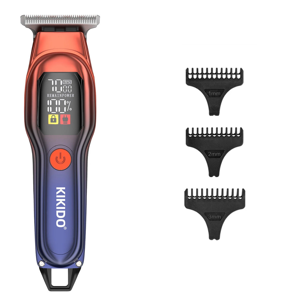 electric hair trimmer in red and blue metallic finish with three guide comb attachments for home haircuts