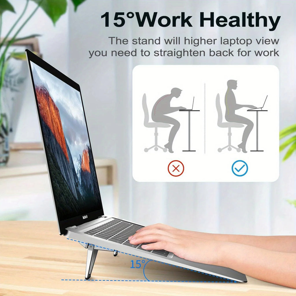 Ergonomic laptop stand demonstrating correct seating posture for neck strain relief