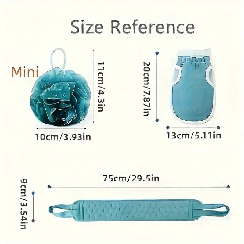 exfoliating bath towel set product dimensions and size reference for back scrubber glove and loofah