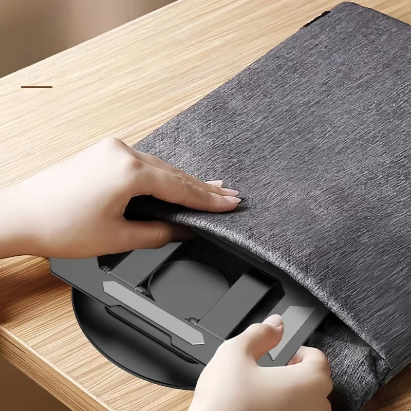 Foldable all metal compact tablet stand collapsed flat for easy carrying and travel