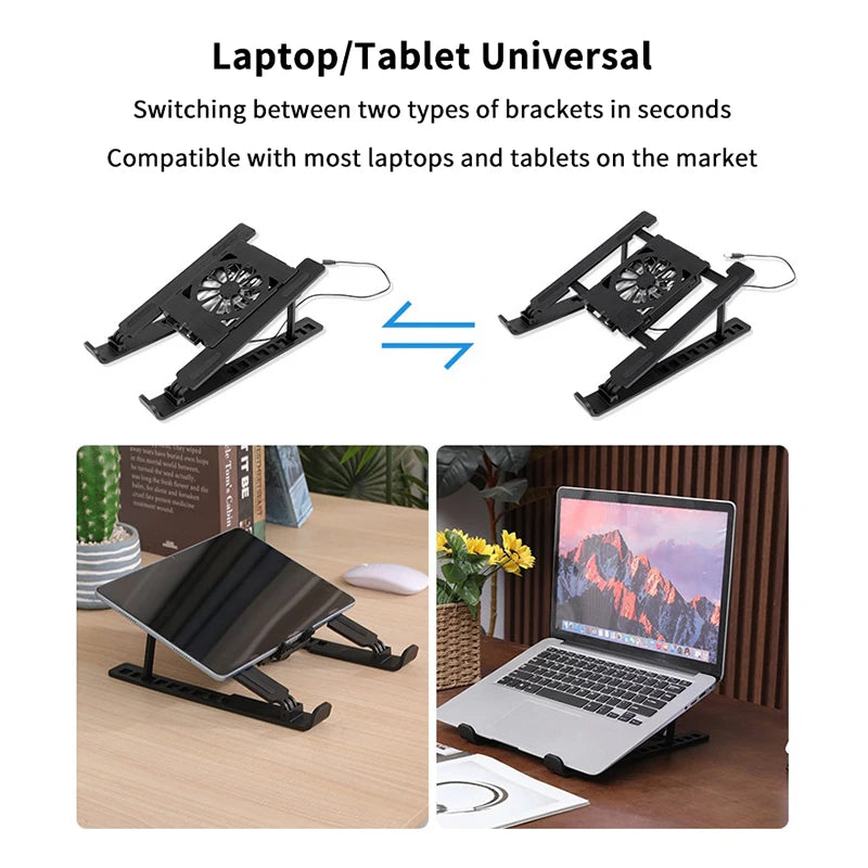 Foldable laptop cooler base with multi-angle height adjustment for comfortable posture