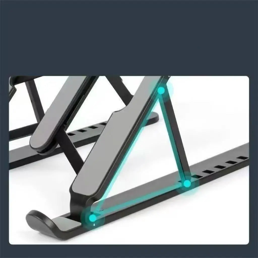 Black foldable laptop stand holding a laptop for better typing ergonomics