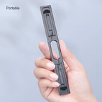 Foldable laptop stand with compact handheld view for convenient portable travel
