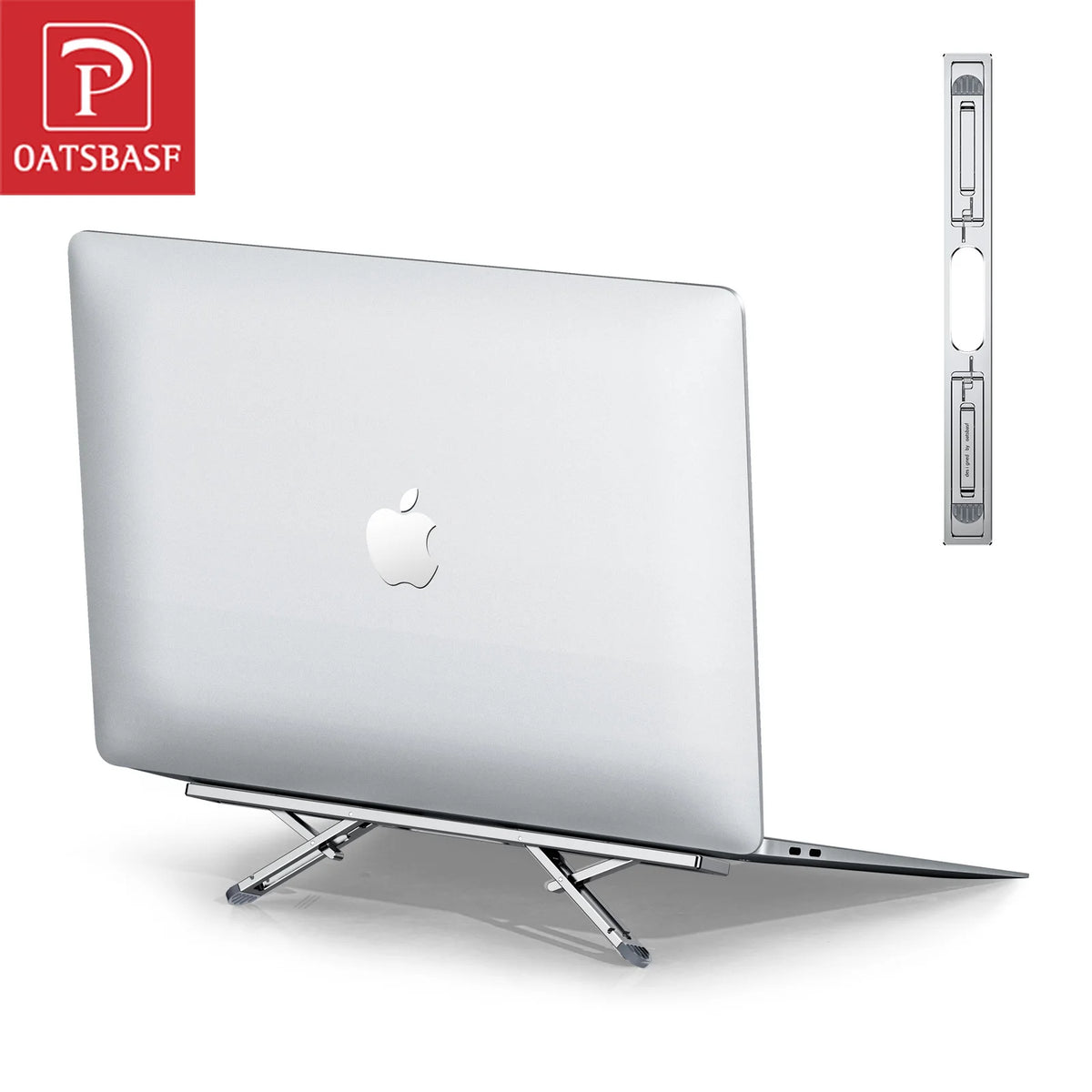 Foldable laptop stand showing elevated side angle for ergonomic viewing height