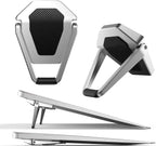 Foldable laptop stand held in hand showing lightweight structure for easy travel