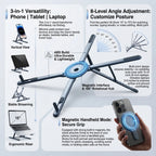 Foldable Magnetic Laptop Stand 3-in-1 versatility infographic for phone tablet and laptop to improve ergonomic posture and reduce neck strain