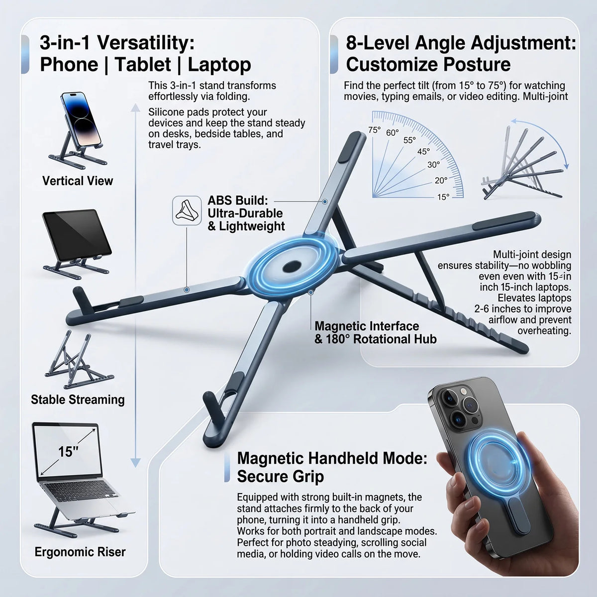 Foldable Magnetic Laptop Stand 3-in-1 versatility infographic for phone tablet and laptop to improve ergonomic posture and reduce neck strain