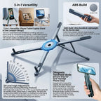 Foldable Magnetic Laptop Stand feature diagram showing magnetic mount and adjustable angles for customized viewing comfort during daily office use