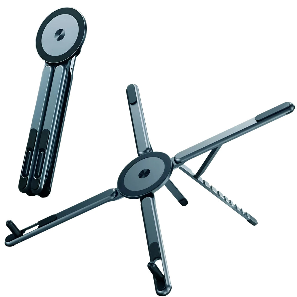 Foldable Magnetic Laptop Stand compact folded form and open X-shaped frame to provide lightweight portability for travel and remote work