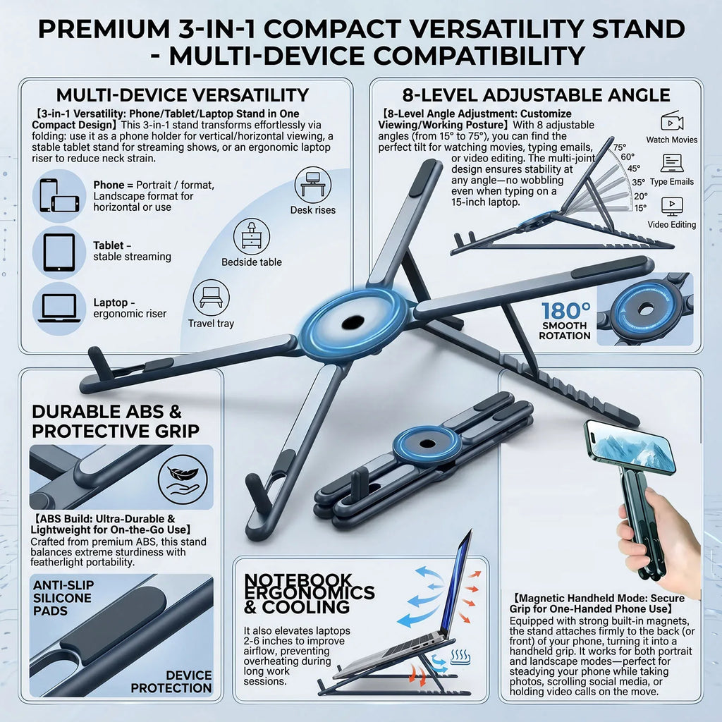 Foldable Magnetic Laptop Stand fully expanded layout holding tablet laptop and phone to maximize desk efficiency and multi-screen productivity