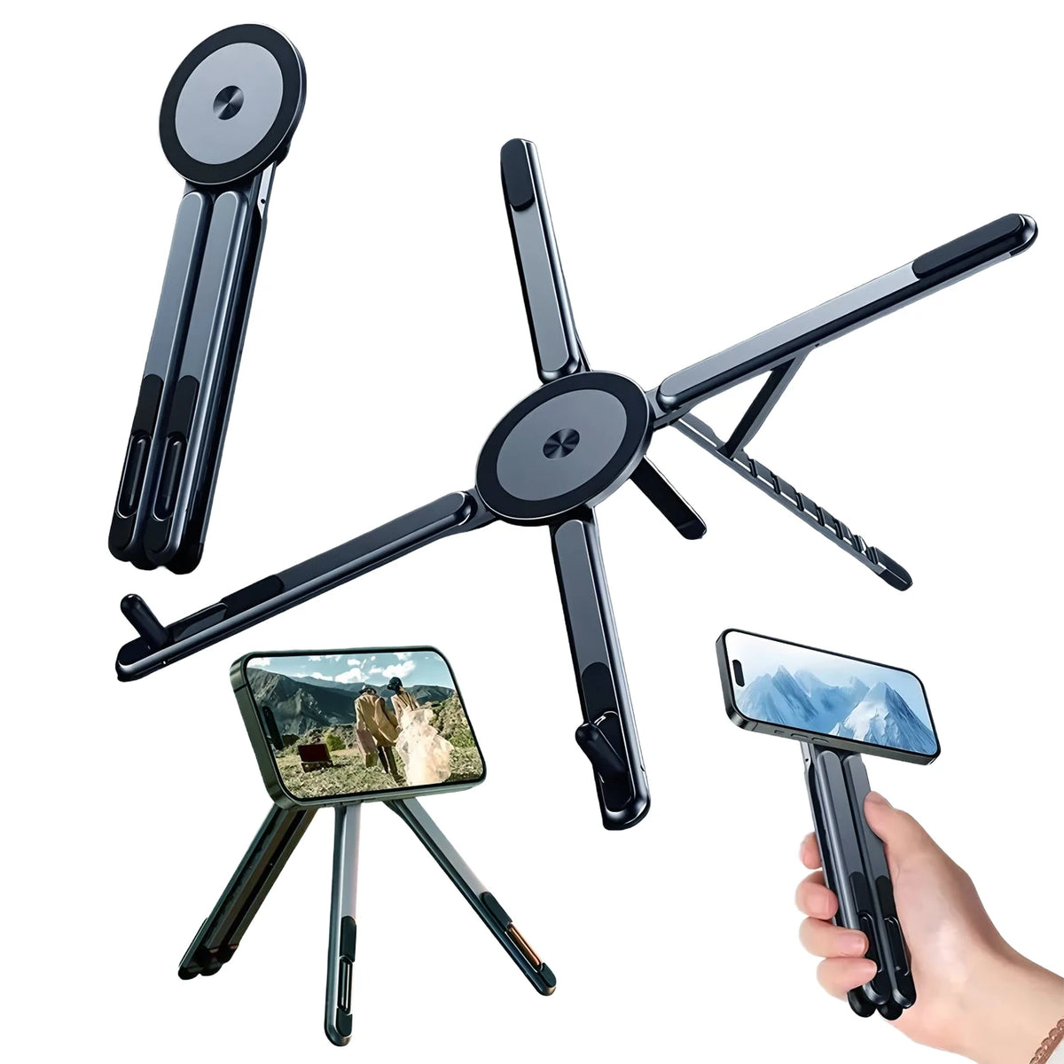 Foldable Magnetic Laptop Stand attached magnetic phone arm side view to enable hands-free dual screening during work or calls