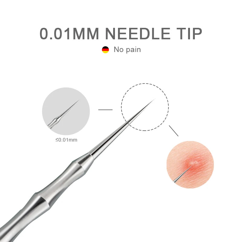 German Acne Blackhead Removal Needle 0.1mm micro needle tip diagram for precise blemish popping and skin clarity
