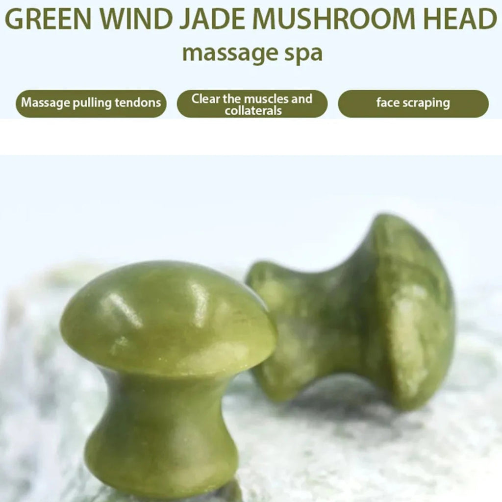 green quartz facial roller mushroom pair displayed for facial acupoint massage and eye puffiness relief