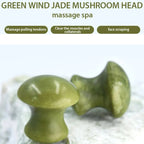 green quartz facial roller mushroom pair displayed for facial acupoint massage and eye puffiness relief