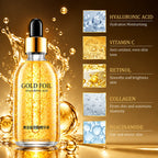 Gold Foil Hyaluronic Acid serum in a clear glass dropper bottle with a black dropper cap and gold collar, shown on a metallic gold background with liquid splashes.右侧 text panels list benefits: hyaluronic acid, vitamin C, retinol, collagen, and niacinamide.