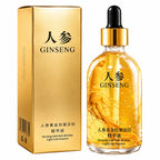 Ginseng gold anti-wrinkle essence in a clear dropper bottle with a black top, shown next to its gold packaging box on a white background.