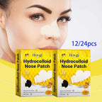 Hydrocolloid Nose Patches yellow box packaging and model nose application for clear blemish removal
